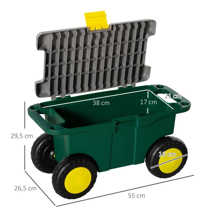 Outsunny Gartenhocker und Werkzeugkasten 2 in 1 - Aufbewahrungsbox und abschließbares Fach - 4 Rollen, 2 Griffe - PP Grau Gelb Grün