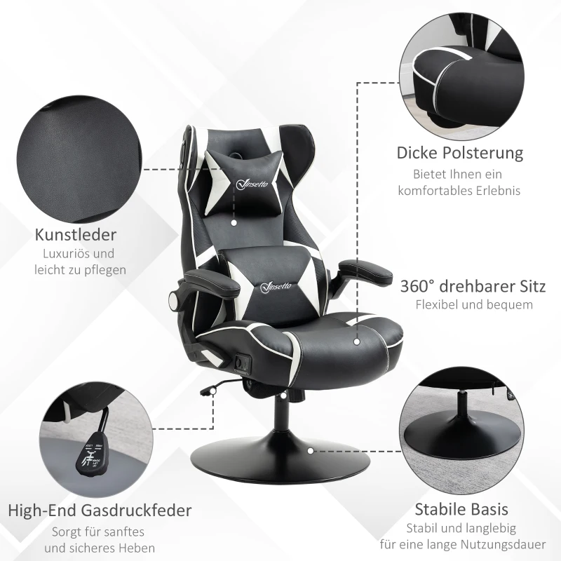 Vinsetto Chaise de gaming, fauteuil de gaming, haut-parleurs intégrés, dossier inclinable, noir+blanc, 69 x 73 x 118cm