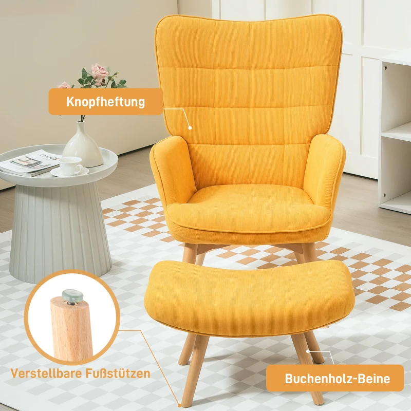 HOMCOM Accentstoel met Voetenbank, Relaxstoel in Corduroy Look, Armleunstoel met Houten Poten, voor Woonkamer, Oranje