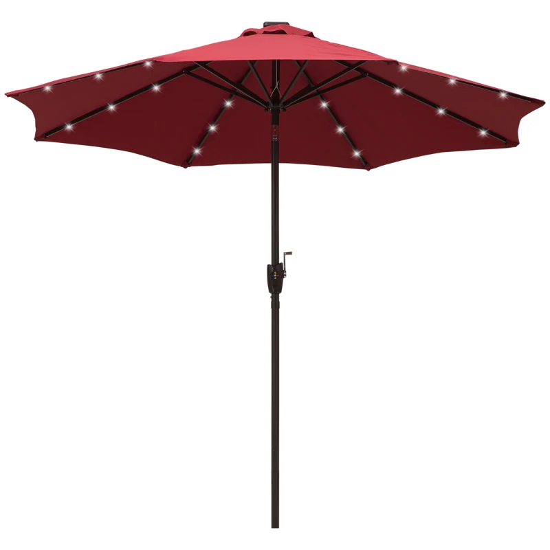 Outsunny Garten-Sonnenschirm Gerader Sonnenschirm Neigbarer oktogonaler ø 2,7 m LED-Solarsonnenschirm Metall Hochdichtes 180 g/m² Polyester Bordeaux Rot
