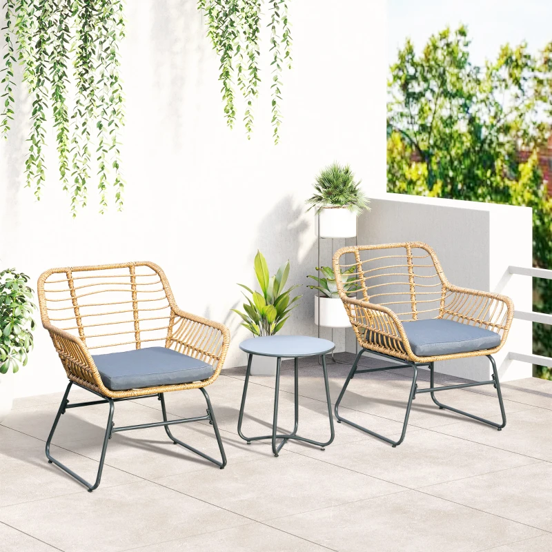 Outsunny Gartenbistro-Set für 2 Personen 3 Teile Exotischer Stil 2 Sessel + Couchtisch Polyethylen Rattanimitation Beige Stahl Grau