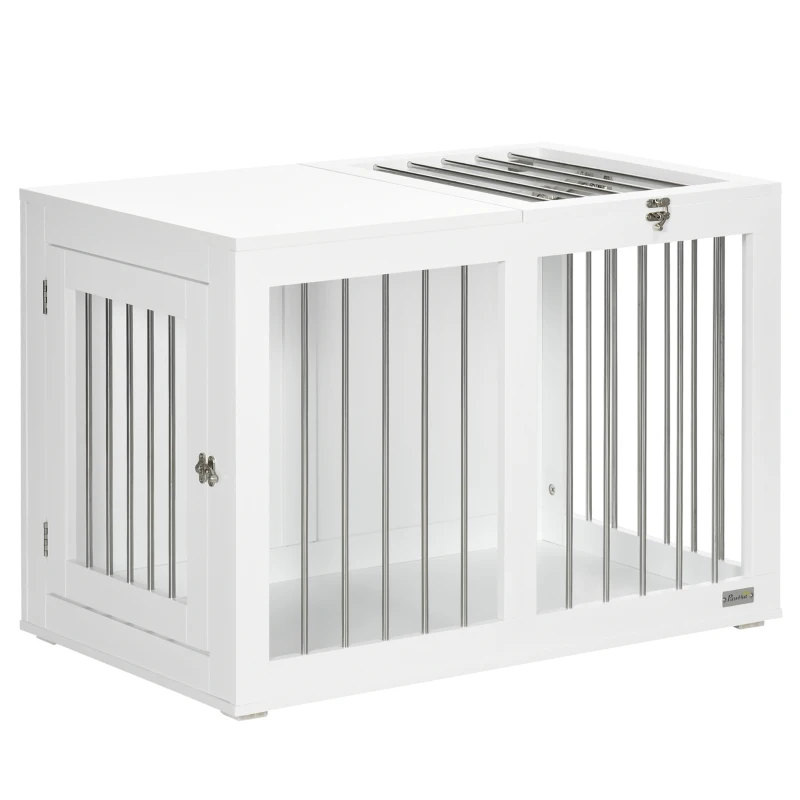 PawHut Cage pour Chien avec 2 Portes, Niche pour Chien, Verrouillable, Grilles en Acier, 80 cm x 50 cm x 56,5 cm, Blanc + Argent