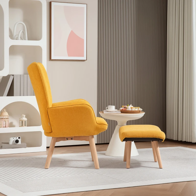 HOMCOM Accentstoel met Voetenbank, Relaxstoel in Corduroy Look, Armleunstoel met Houten Poten, voor Woonkamer, Oranje