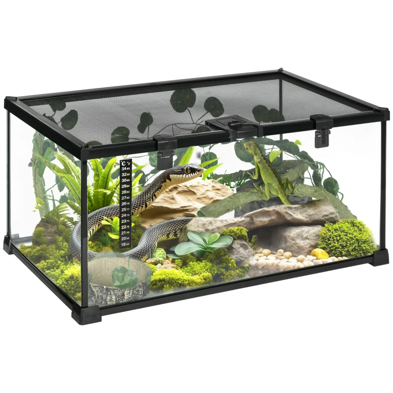 PawHut Reptilienbox Terrarium transparenter Deckel Schiebegitter Schwarz