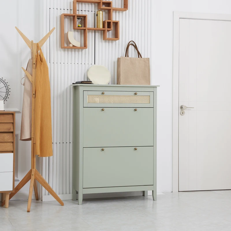 HOMCOM Schuhschrank im boho-chic Stil Wassergrün Rattanoptik
