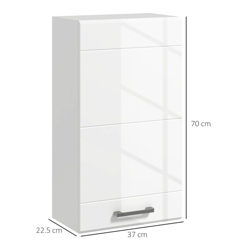 kleankin Hängender Badezimmerschrank 1 Tür mit höhenverstellbarem Regal in 3 Ebenen 37 x 22,5 x 70 cm Hochglanz Weiß