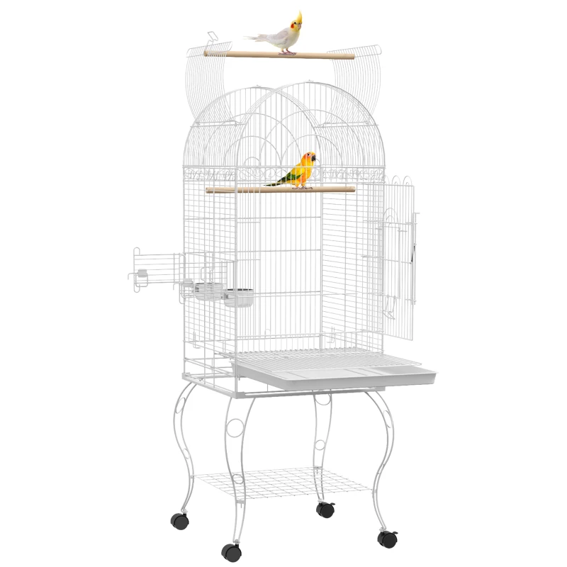 PawHut Vogelkäfig auf Rollen mit Regal herausnehmbarem Tablett 2 Näpfen Sitzstange Edelstahl 51 x 51 x 153 cm weiß
