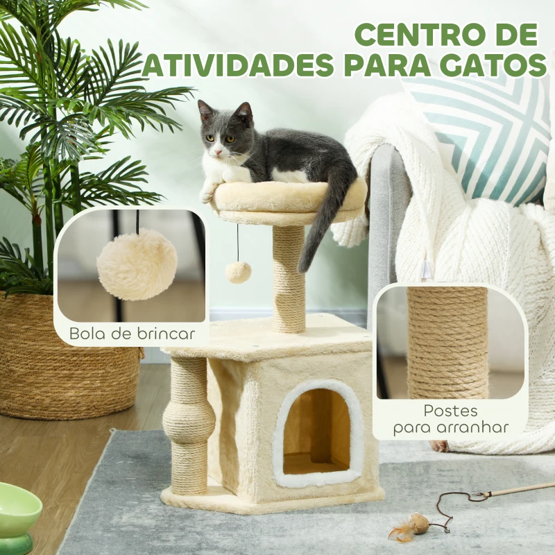 PawHut Arranhador para Gatos com Cama Caverna Plataforma Bola Suspensa e Poste de Juta 42x30x66 cm Marrom e Bege