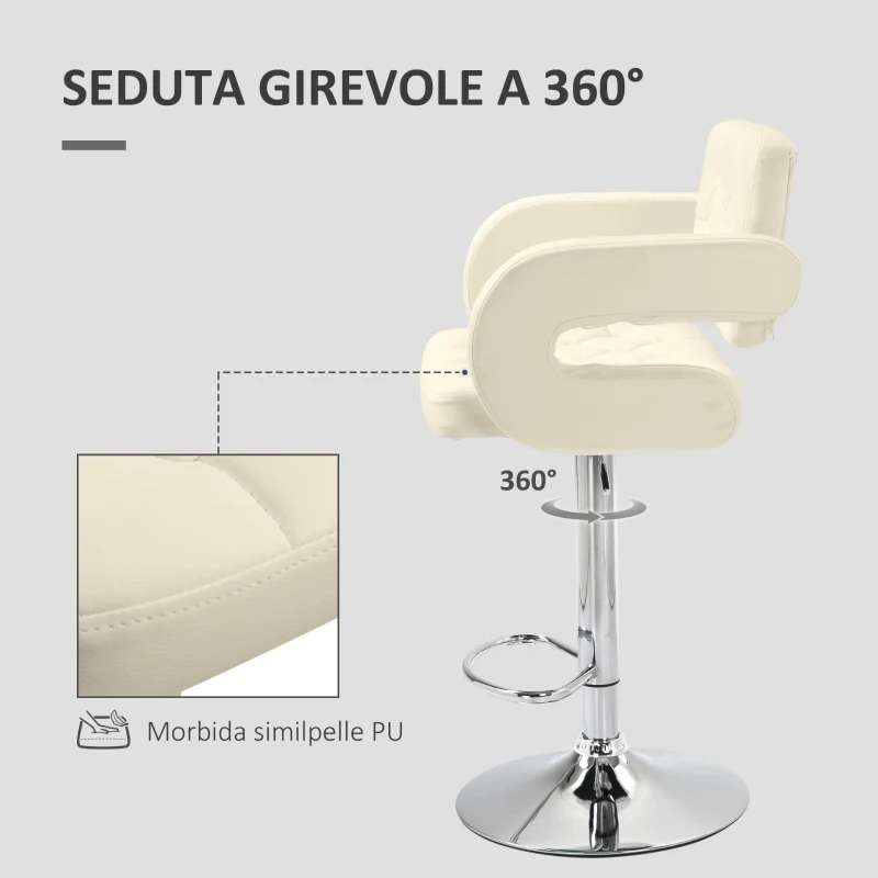 HOMCOM Sgabello da Bar Alto con Schienale e Braccioli, Sgabello da Cucina Moderno Girevole con Altezza Regolabile e Poggiapiedi, in Finta Pelle, 61x50x94-114cm, Bianco