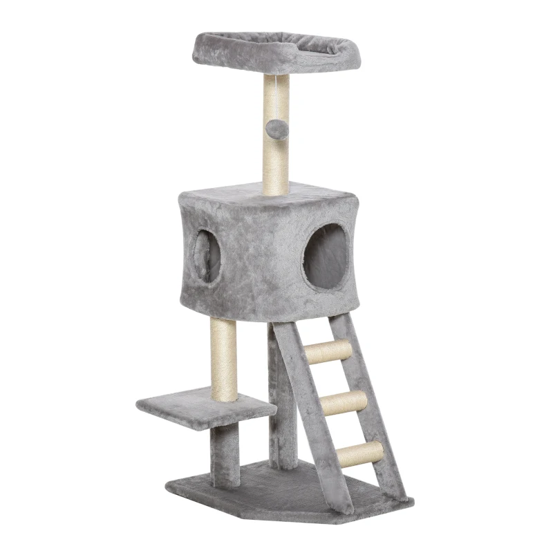 PawHut Arbre à Chat avec Grotte Leiter Cat Tree Arbres à Grimper pour Chats Centre d'Activités Multi-niveaux E1 MDF Sisal Gris Clair 60 x 48 x 122 cm