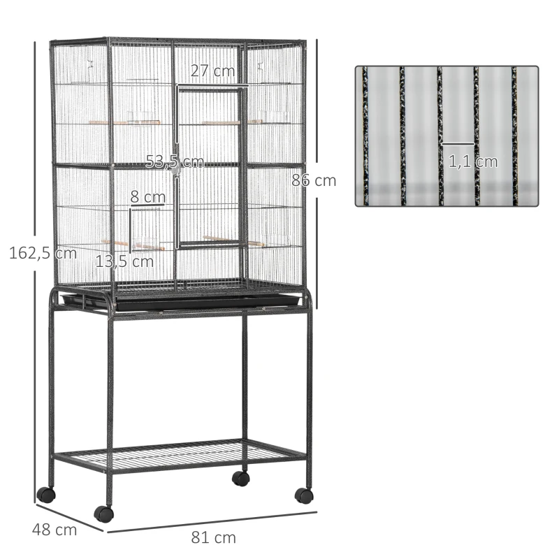 PawHut Vogelkäfig Portable mit 4 Futternäpfen und 4 Holzstangen Praktisch 77 x 47 x 163 cm Schwarz und Grau