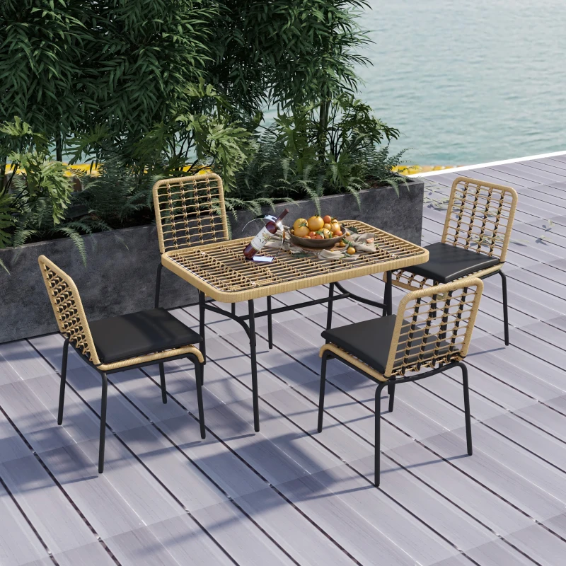 Outsunny Gartenmöbelset mit Tisch und 4 Stühlen, 5-teilig aus Rattan-Effekt, Schwarzem Metall und gehärtetem Glas - inklusive Kissen