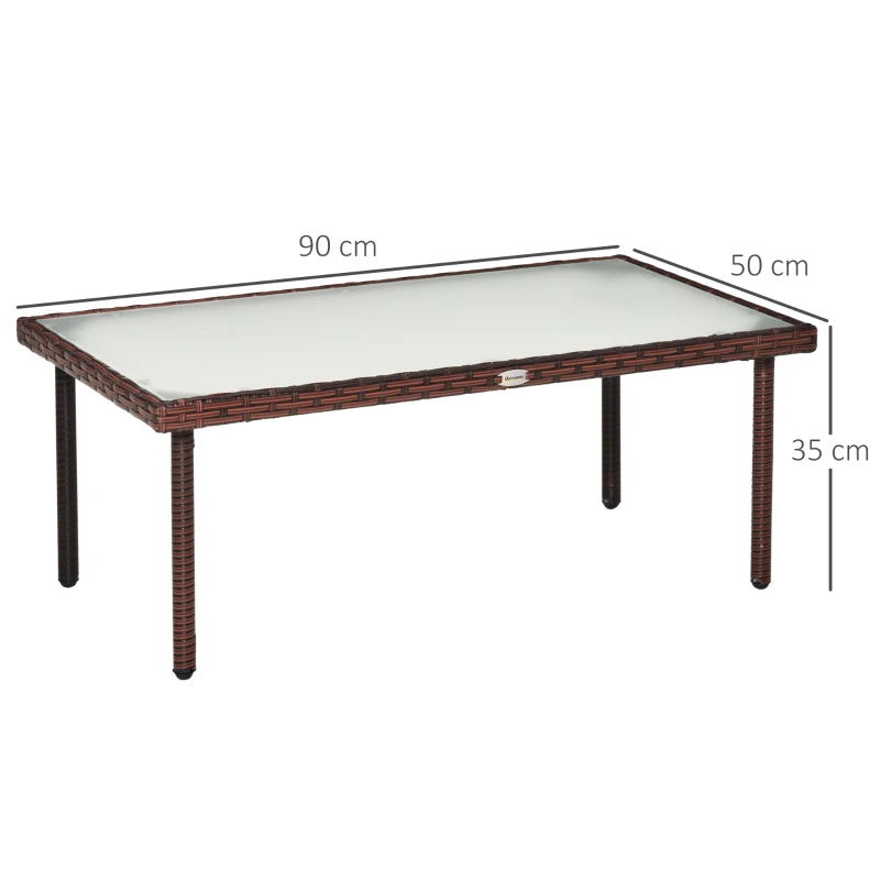 Outsunny Gartencouchtisch mit 5 mm dickem gehärtetem Glasplateau Kunststoffgeflecht in Rattanoptik braun