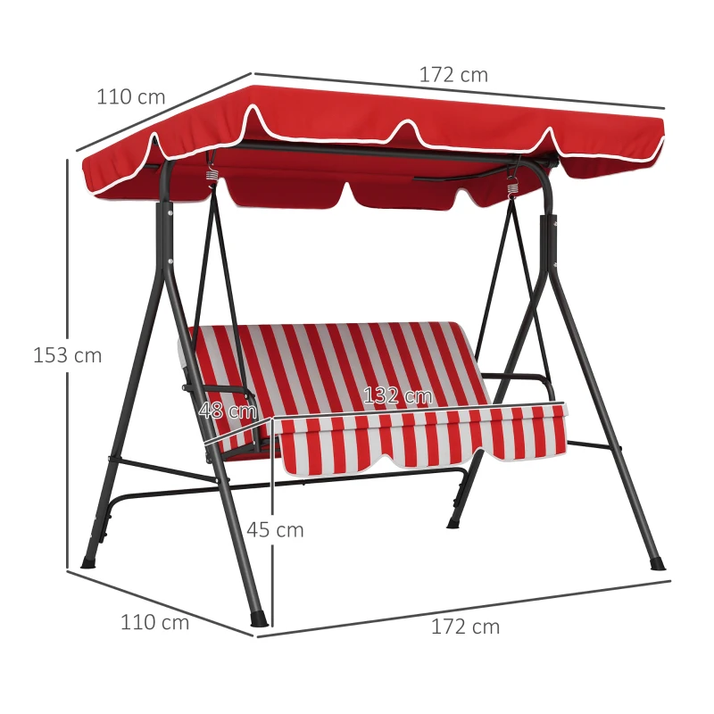 Outsunny Gartenschaukel 3-Sitzer mit verstellbarem Dach, Sitz- und Rückenkissen Schwarz Rot Polyester Stahl