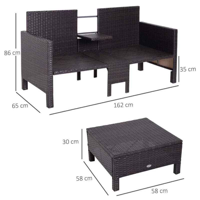 Outsunny Ensemble de Canapé de Jardin 3 pièces Mobilier de Jardin Salon de Jardin Rotin Meubles de Jardin Marron Rotin Synthétique + Métal Canapé 2 Places 2 x Repose-Pieds Coussins