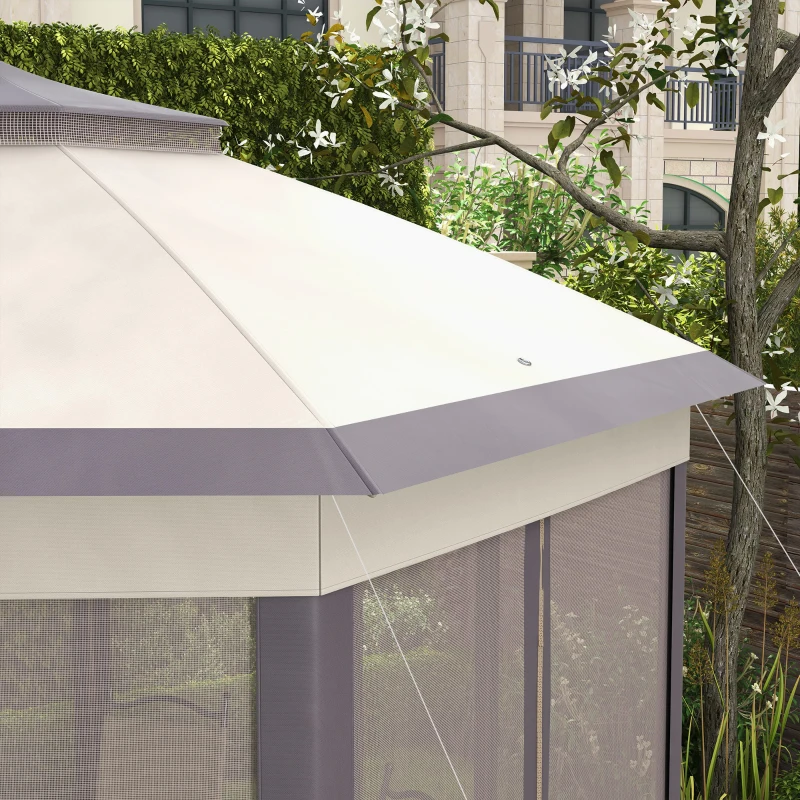 Outsunny Pavillon de Jardin Pliable 4 x 4 m Tente Pop-Up Chapiteau de Fête avec Sac de Transport 6 Parois Latérales Toit Double hexagonal Café+Beige