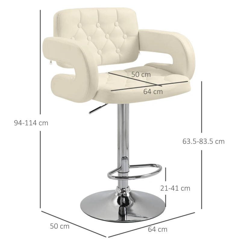 HOMCOM Sgabello da Bar Alto con Schienale e Braccioli, Sgabello da Cucina Moderno Girevole con Altezza Regolabile e Poggiapiedi, in Finta Pelle, 61x50x94-114cm, Bianco