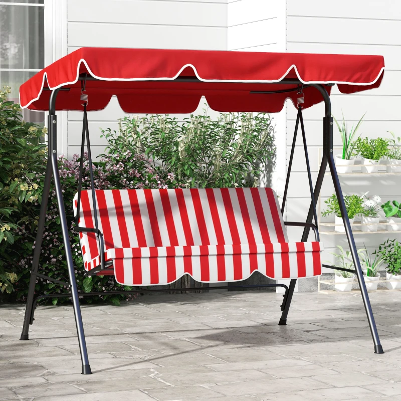 Outsunny Gartenschaukel 3-Sitzer mit verstellbarem Dach, Sitz- und Rückenkissen Schwarz Rot Polyester Stahl