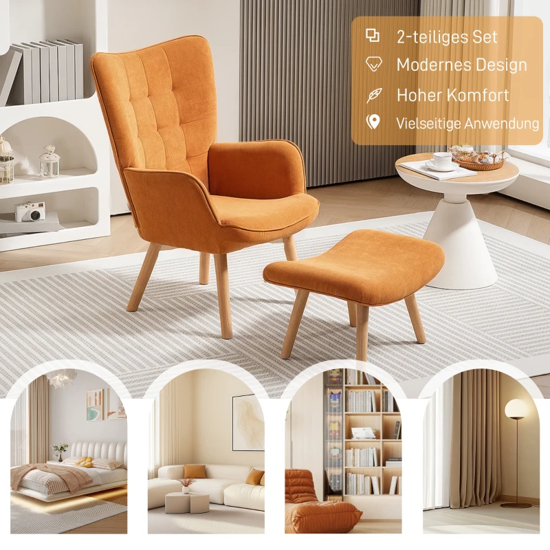HOMCOM Accentstoel met Kruk, Relaxstoel in Corduroy-Look, Stoel met Armleuningen en Houten Poten, voor Woonkamer, Bruin(m-6)