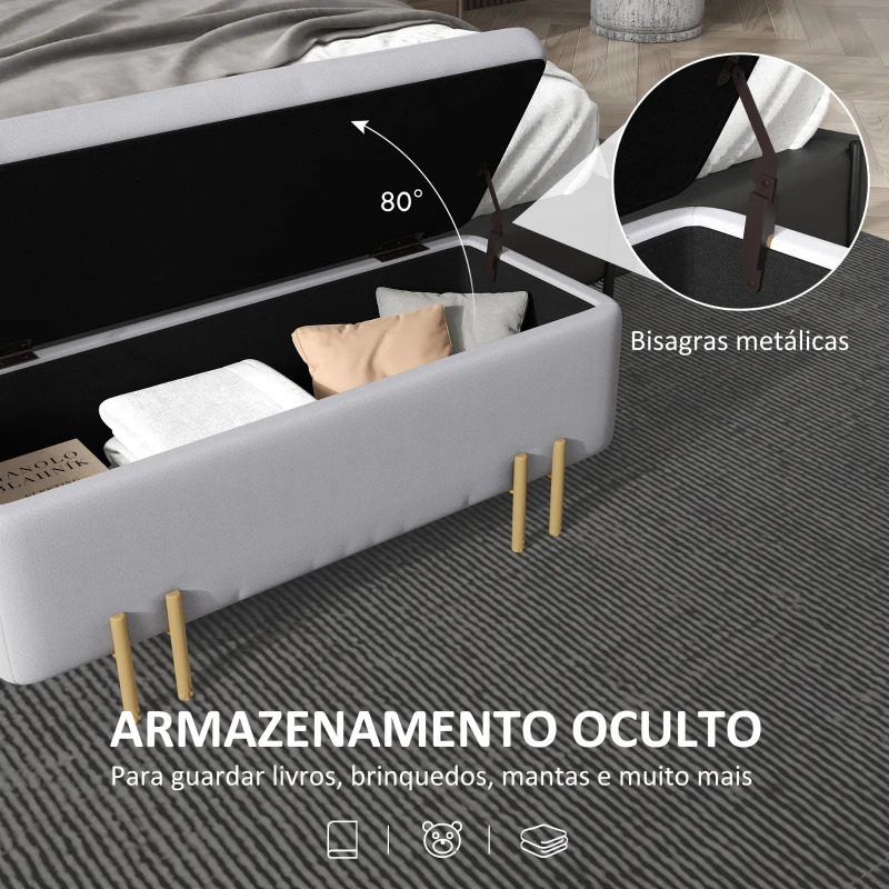 HOMCOM Banco Pé de Cama para Dormitório 70L em Veludo Pés de Metal para Entrada Sala de Estar 100x40x42 cm Cinza Claro