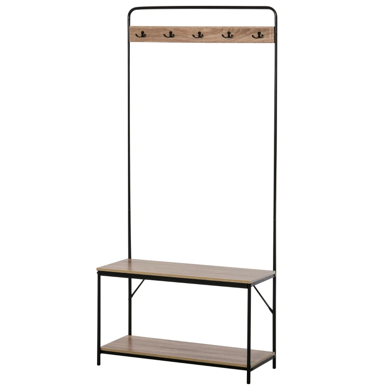 HOMCOM Garderobe mit Schuhablage Flurgarderobe im Industriestil 80B x 30T x 170H cm Eichenholzimitat Metall Schwarz