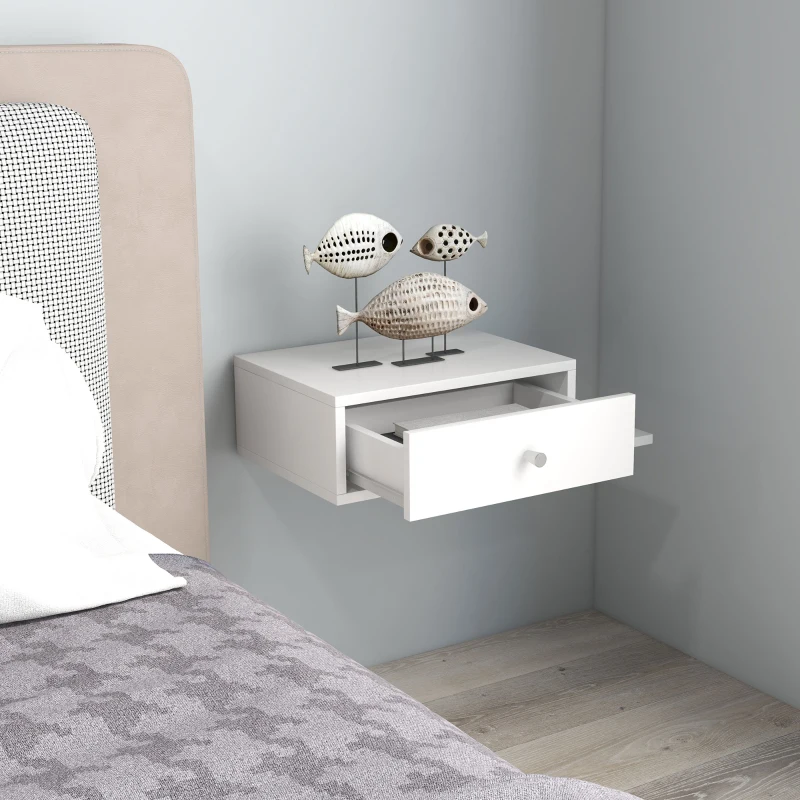HOMCOM Set von 2 Wand-Nachttischen - Set von 2 Nachttischen - Seitenregal und Schublade - 55B x 30T x 15H cm weiß MDF