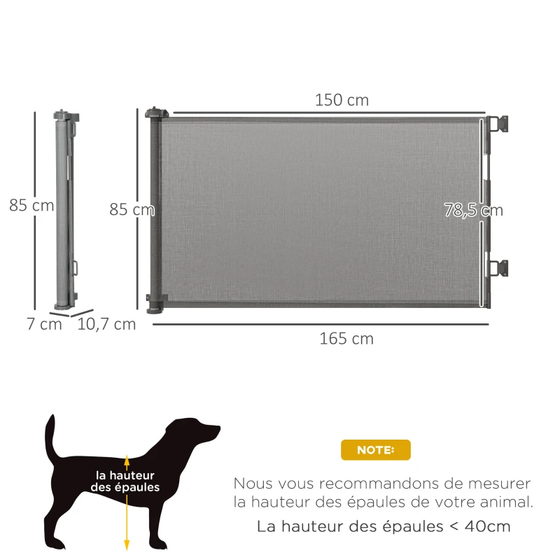 PawHut Ausziehbare Hundesicherheitsbarriere Einhandbedienung Aluminiumrahmen Mesh-Gewebe 150 x 85 cm grau
