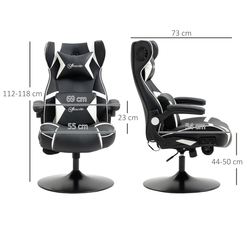 Vinsetto Chaise de gaming, fauteuil de gaming, haut-parleurs intégrés, dossier inclinable, noir+blanc, 69 x 73 x 118cm
