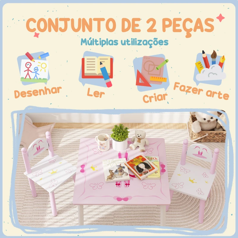 AIYAPLAY Mesa e Cadeiras para Crianças Conjunto de 3 Peças com Mesa Cadeiras Infantil Estilo Princesa pRosa e Branco