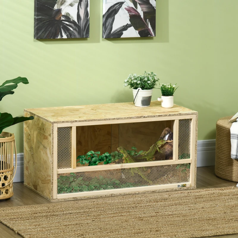 PawHut Terrarium aus OSB-Holz für Reptilien und Amphibien mit Schiebetür aus Glas - 80 x 40 x 40 cm Naturholz