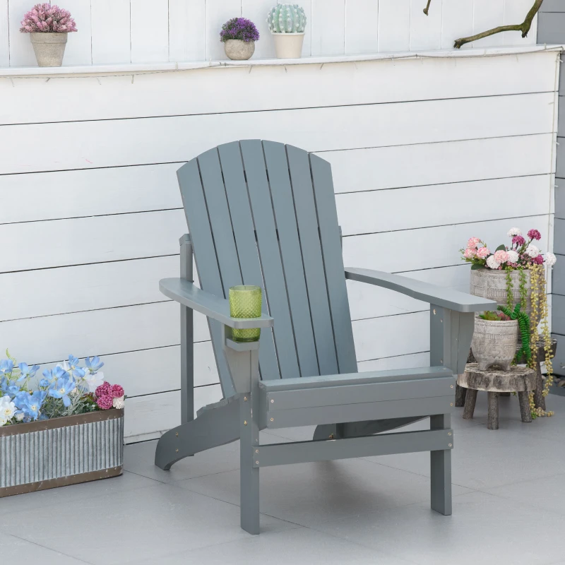 Outsunny Chaise de jardin Adirondack avec porte-gobelet Chaise longue de jardin Chaise de balcon en bois massif Gris foncé 97 x 72,5 x 93 cm