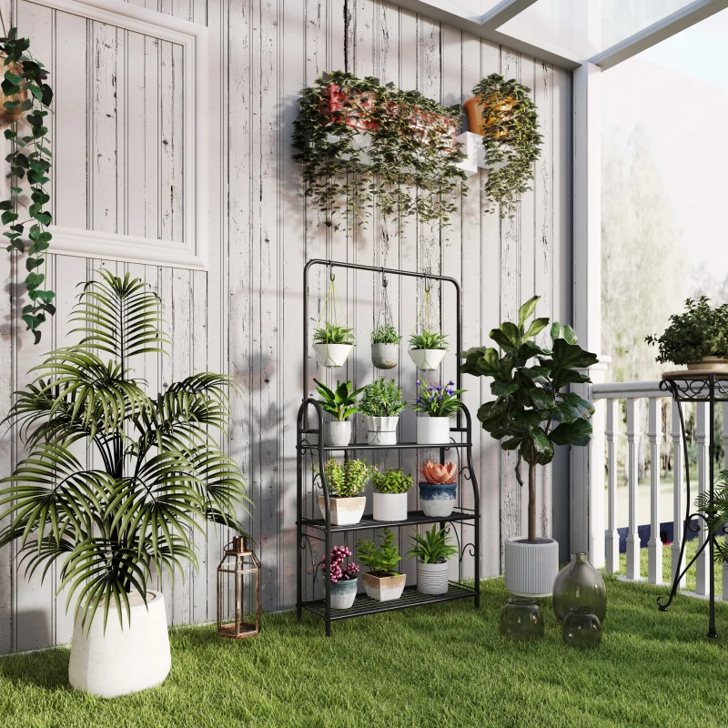 Outsunny Suporte para Plantas de 3 Níveis Suporte para Vasos de Plantas com Ganchos de Metal Barra para Pendurar 75x25x137 cm Preto