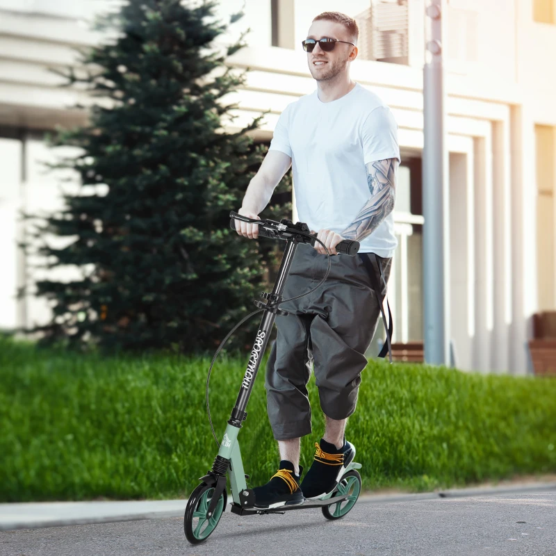 HOMCOM Tretroller für Erwachsene +14 Jahre mit verstellbarem Lenker großen 20 cm Rädern Stoßdämpfer und Doppelbremse Aluminium - Grün