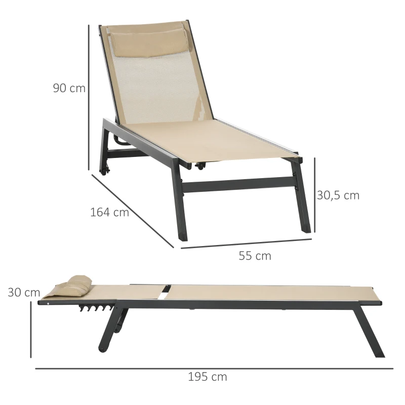 Outsunny Sonnenliege Liegestuhl aus Aluminium und Textilene mit Rollen und verstellbarer Kopfstütze Khaki