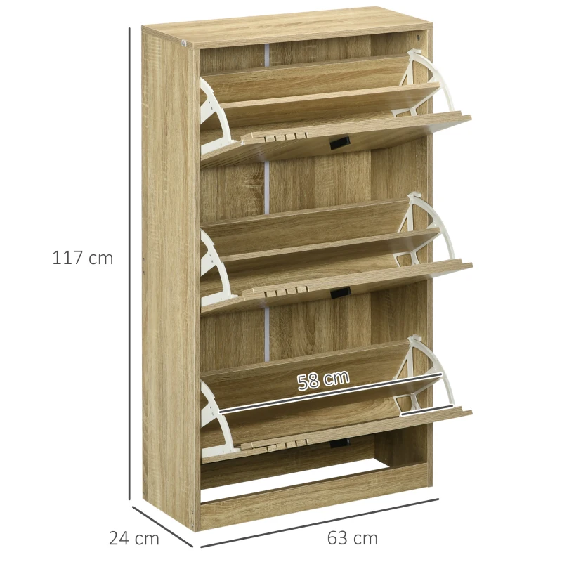 HOMCOM Schuhschrank mit 3 Klappen 18 Paar hohe Kapazität für Eingang Flur Wohnzimmer 63 x 24 x 117 cm Eiche