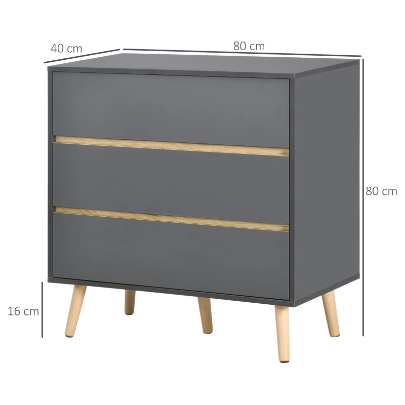 HOMCOM Kommode 3 Schubladen Aufbewahrungsmöbel ohne Griffe skandinavisches Design 80 x 40 x 80 cm grau