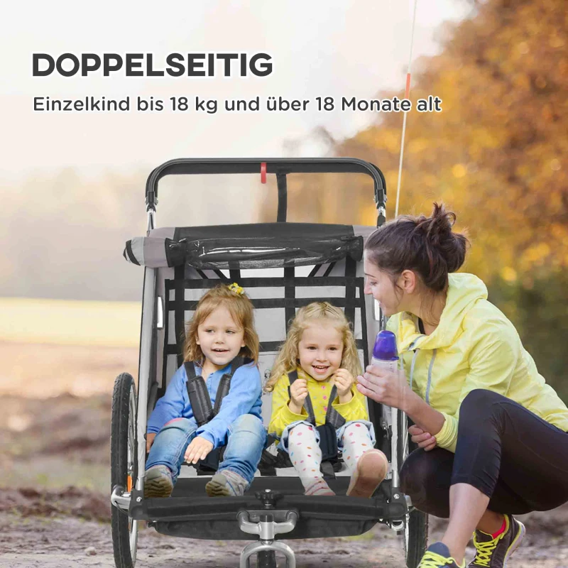HOMCOM Kinderfietskar/Duwwagen met Remmen, Opvouwbaar, voor 2 Kinderen, Grijs/Zwart