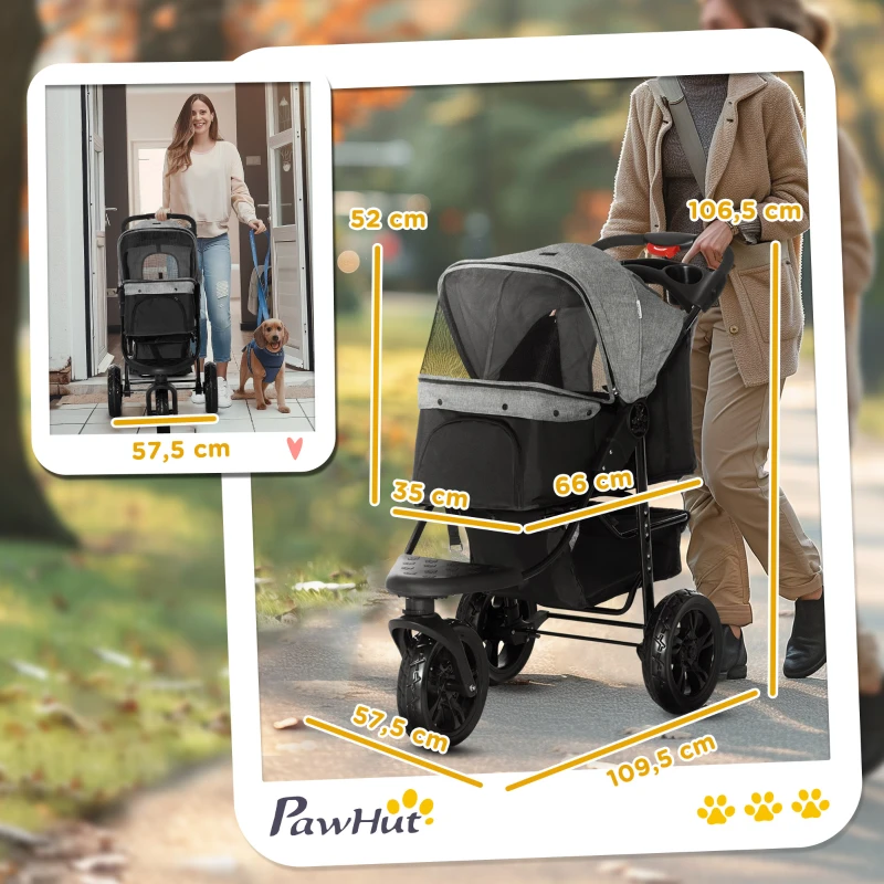 PawHut Chariot pour Chiens Poussette pour Animaux avec 3 Roues pliable Chien Chat Oxford Gris+Noir 109,5 x 57,5 x 106,5 cm(m-3)