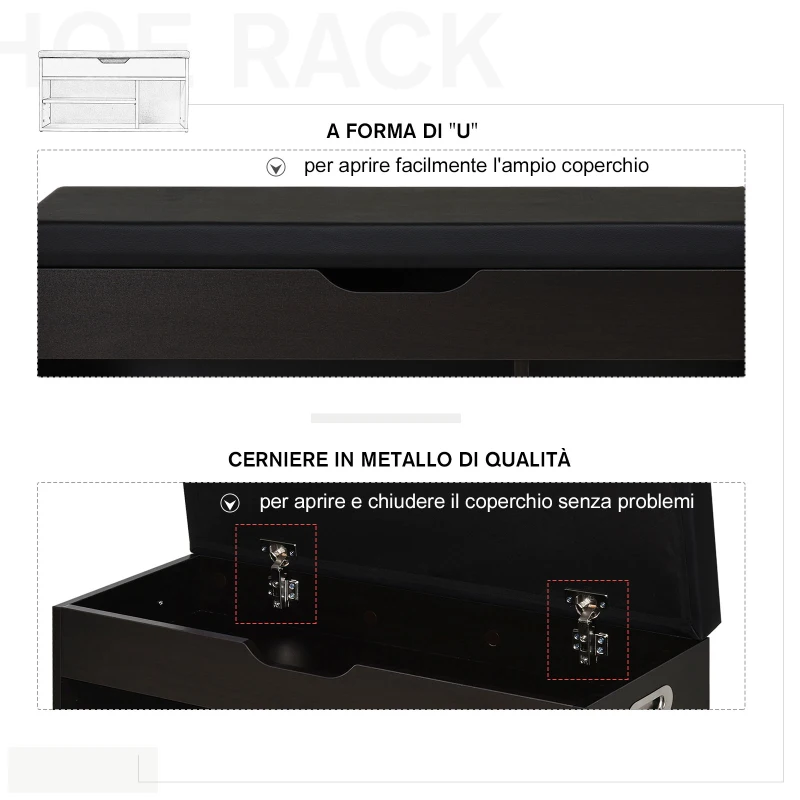 HOMCOM Scarpiera Salvaspazio da Ingresso Imbottita, Mobile da Ingresso con Scarpiera, con 3 Scomparti, Seduta in Pelle PU, per Soggiorno e Corridoio, 80x30x43 cm, Nero