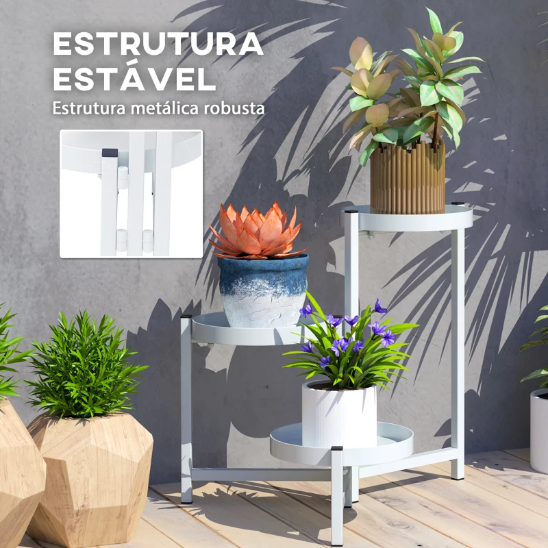 Outsunny Suporte para Plantas Dobrável de Metal com 3 Prateleiras Redondas Suporte para Vasos de Plantas para Interior e Exterior 40x40x42 cm Branco