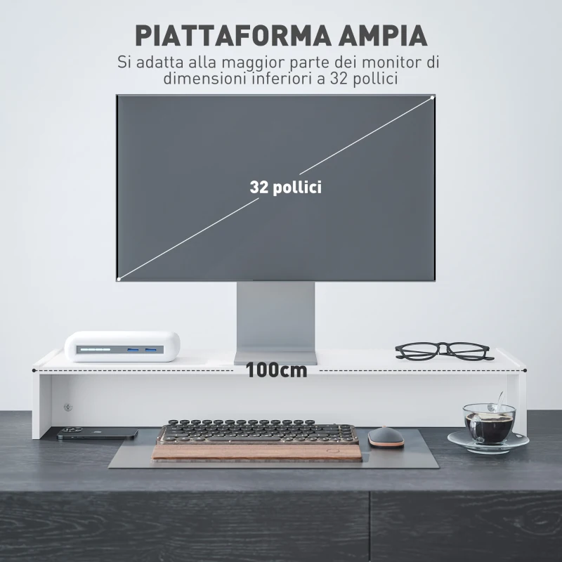 HOMCOM Supporto per Monitor con 2 Vani Contenitore in Legno, 100x27x15 cm, Bianco