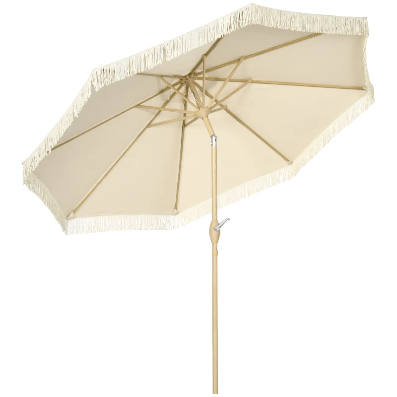 Outsunny Schwenkbarer Garten-Sonnenschirm mit Kurbel und Fransen im Bohème-Stil, 8 Streben, Ø 265 x 244H cm, Creme