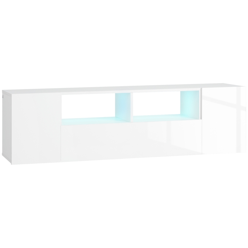 HOMCOM TV-Möbel, TV-Bank, TV-Möbel, bis zu 60 Zoll, mit LED-Lichtern, 2 Regalen und Schränken, glänzender Türplatte, 137 x 35 x 42 cm, weiß