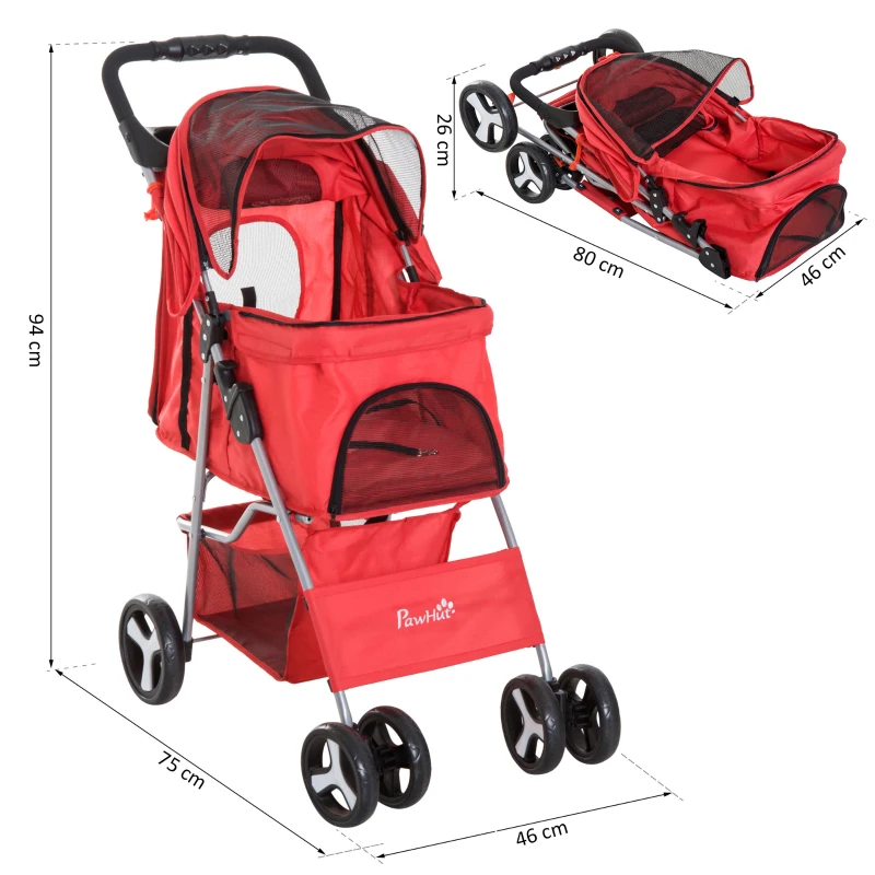 PawHut Hundekinderwagen 75L x 46B x 94H cm faltbar wasserdichtes 600D Oxford-Gewebe 4 Räder Rot