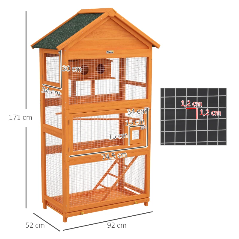 PawHut Vogelkäfig aus Holz, Papageienkäfig, Spielbereich, wasserdichtes Asphaltdach, 92 x 52 x 171 cm, Orange