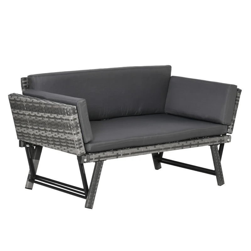 Outsunny Canapé de Jardin 2 Places en Rotin Mobilier de Jardin Sofa de Salon Banquette de Jardin Lit de Jardin Pliable Accoudoirs en Acier Gris 129 x 63 x 67 cm