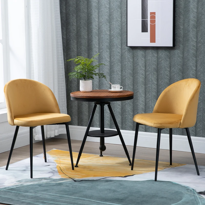 HOMCOM Set mit 2 Esszimmerstühlen, skandinavischer Küchenstuhl aus gepolstertem Velours mit schlanken Metallbeinen, für Wohnzimmer, Esszimmer, gelb