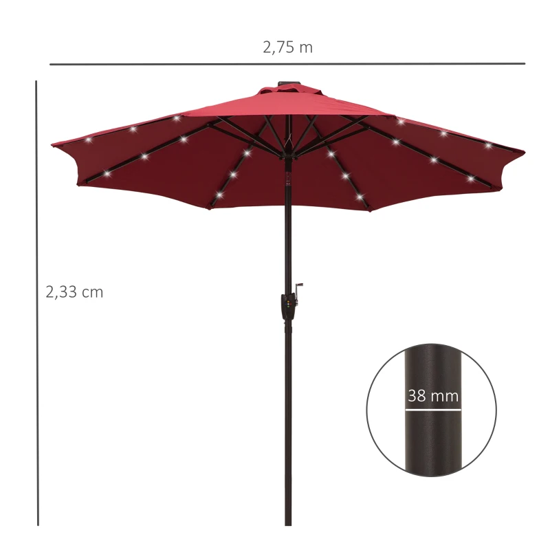 Outsunny Garten-Sonnenschirm Gerader Sonnenschirm Neigbarer oktogonaler ø 2,7 m LED-Solarsonnenschirm Metall Hochdichtes 180 g/m² Polyester Bordeaux Rot
