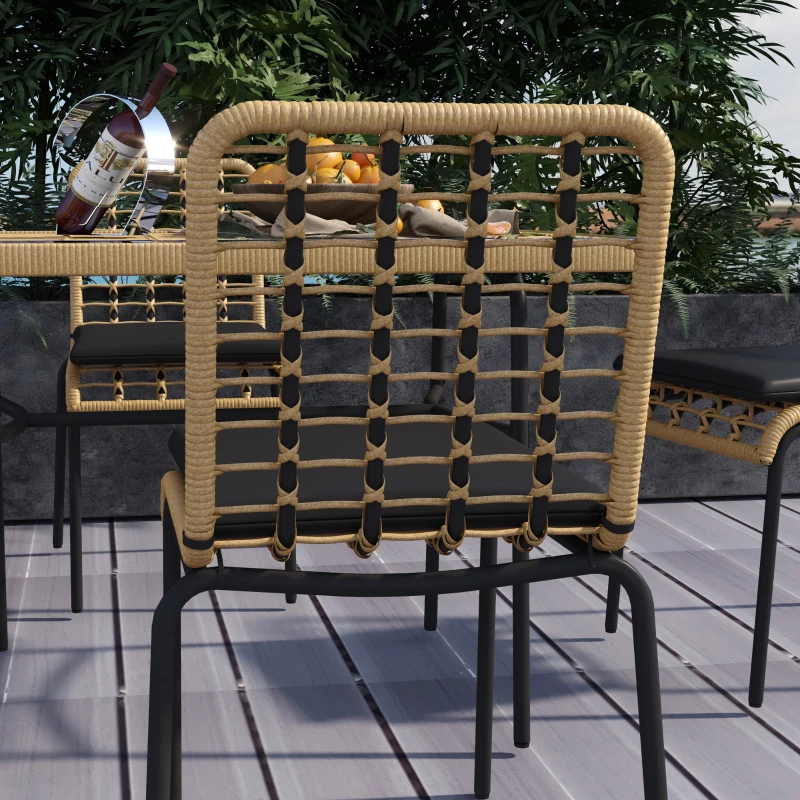 Outsunny Gartenmöbelset mit Tisch und 4 Stühlen, 5-teilig aus Rattan-Effekt, Schwarzem Metall und gehärtetem Glas - inklusive Kissen