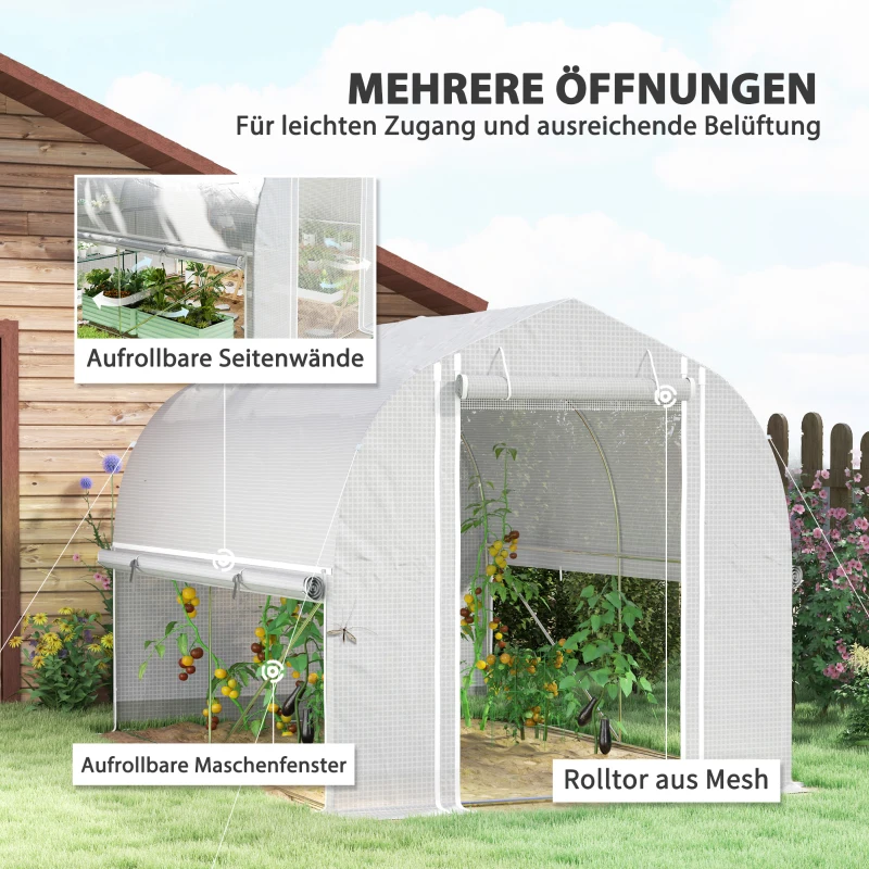 Outsunny 3 x 2 x 2 m Polytunnel-Kas met Oprolbare Zijwanden, UV-resistente Kunststoffolie en Stalen Frame, Wit